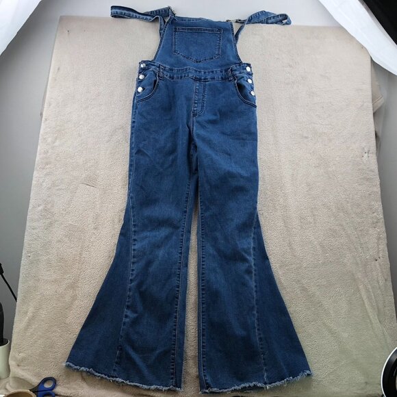 Womens Bib Overalls Large Blue Denim Flare Leg Vintage Medium Wash Casual Y2K - Picture 15 of 16